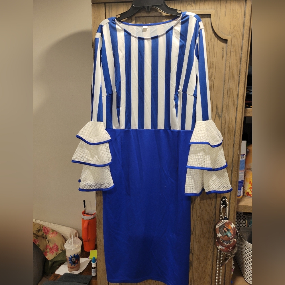 Blue and White Striped Dress with Ruffle Sleeves
